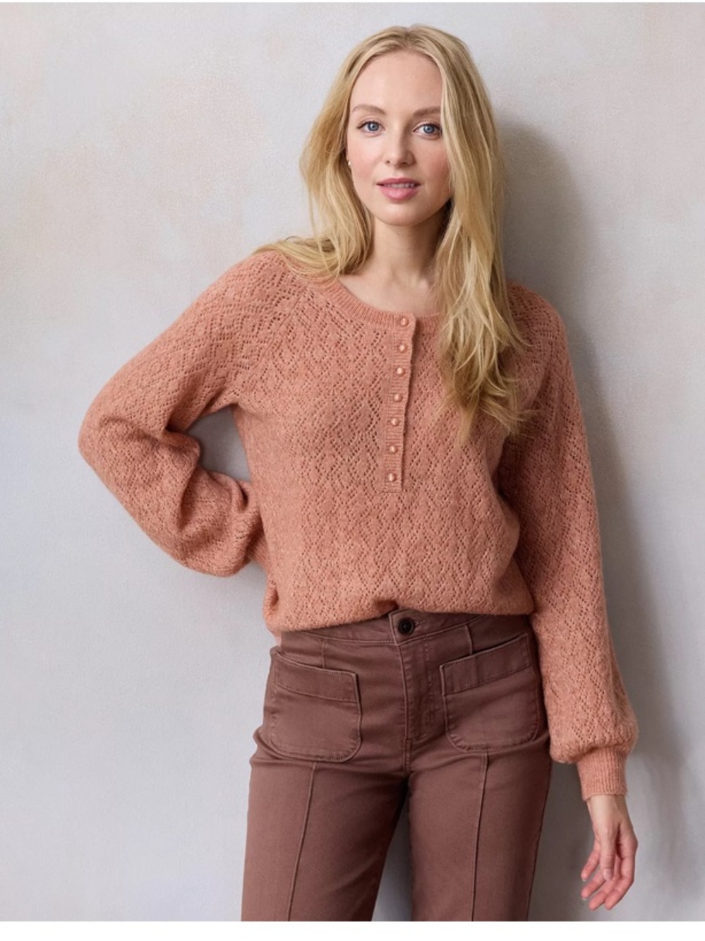 LC Lauren Conrad Pointelle Half-Button Sweater in Dusty Rose Pink
